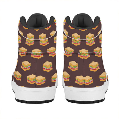 Brown Sandwiches Pattern Print High Top Leather Sneakers
