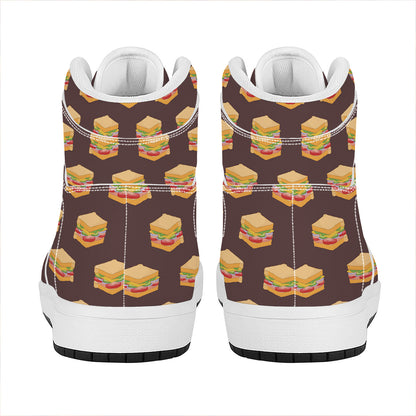 Brown Sandwiches Pattern Print High Top Leather Sneakers