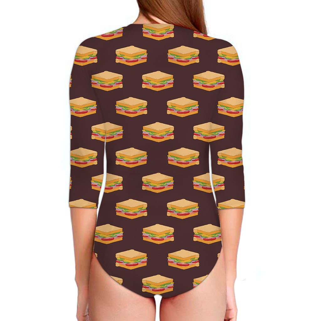 Brown Sandwiches Pattern Print Long Sleeve Swimsuit