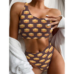Brown Sandwiches Pattern Print One Shoulder Bikini Top
