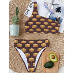 Brown Sandwiches Pattern Print One Shoulder Bikini Top