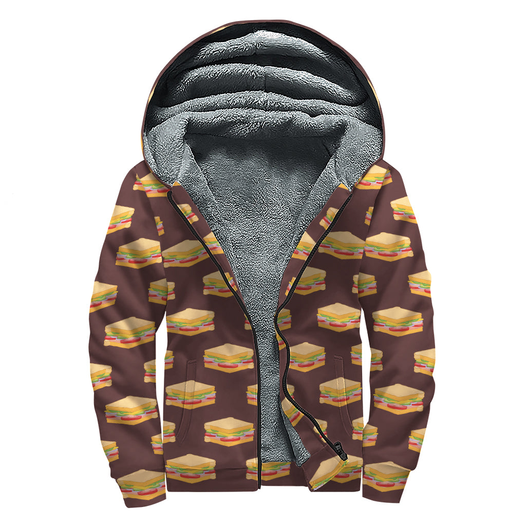 Brown Sandwiches Pattern Print Sherpa Lined Zip Up Hoodie