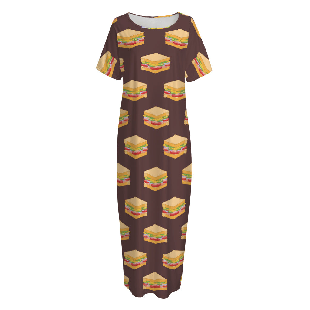 Brown Sandwiches Pattern Print Short Sleeve Long Nightdress