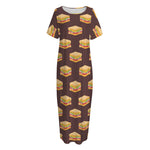 Brown Sandwiches Pattern Print Short Sleeve Long Nightdress