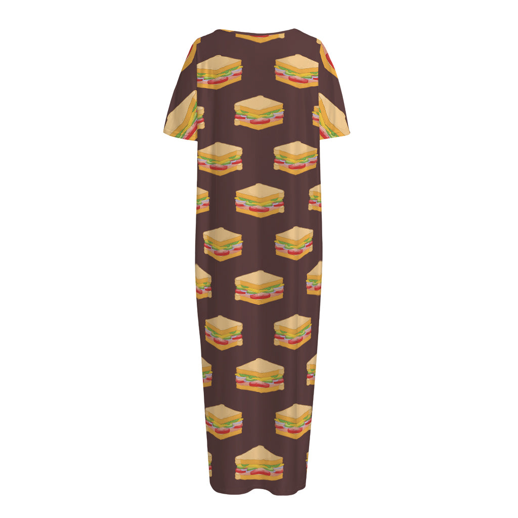 Brown Sandwiches Pattern Print Short Sleeve Long Nightdress