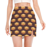 Brown Sandwiches Pattern Print Side Slit Mini Skirt