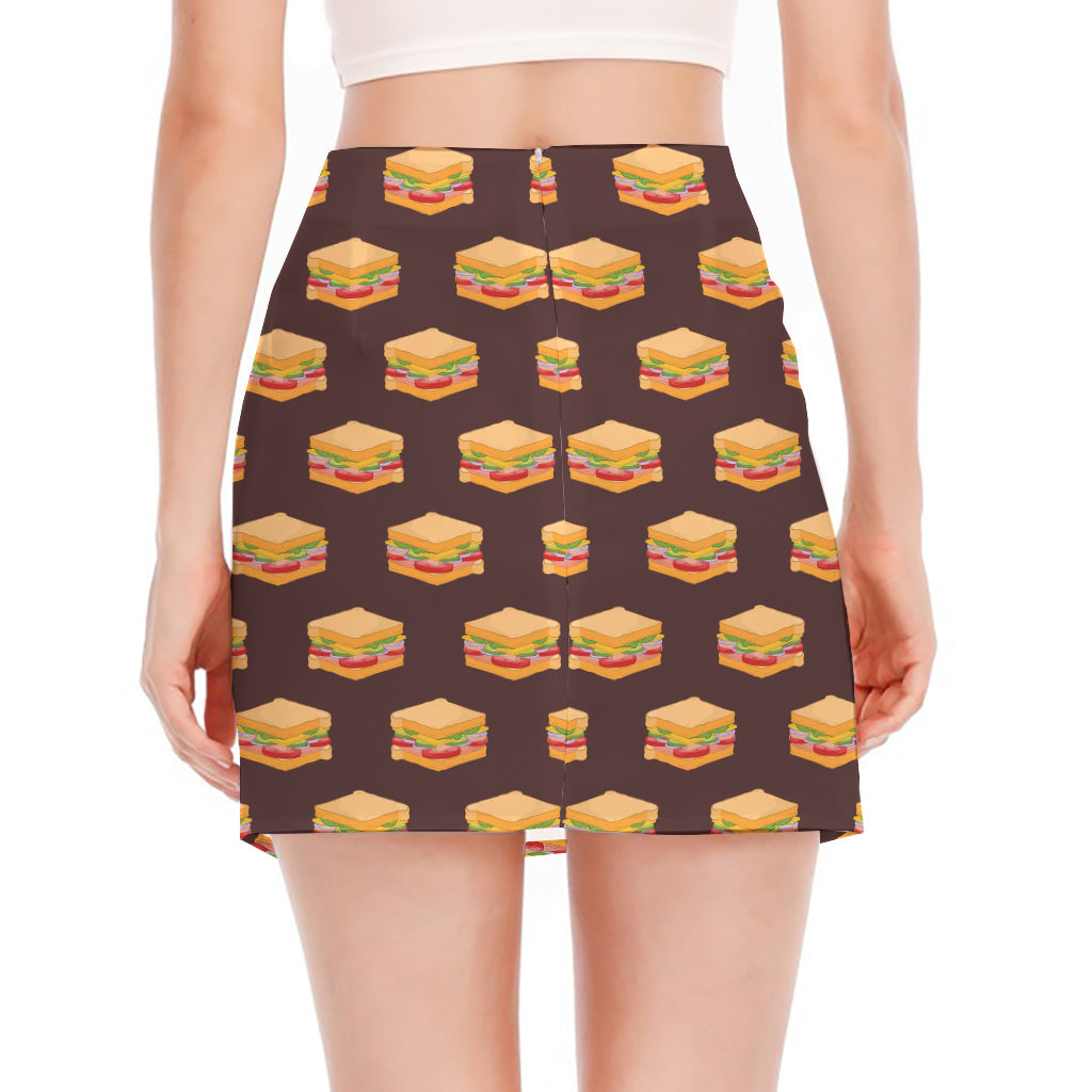 Brown Sandwiches Pattern Print Side Slit Mini Skirt
