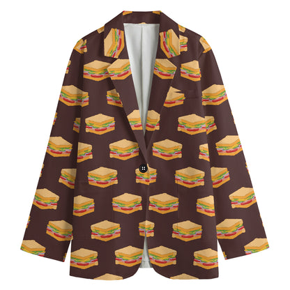Brown Sandwiches Pattern Print Women's Cotton Blazer