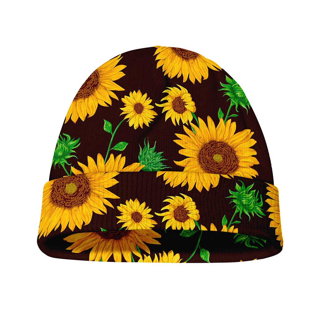 Brown Sunflower Pattern Print Beanie