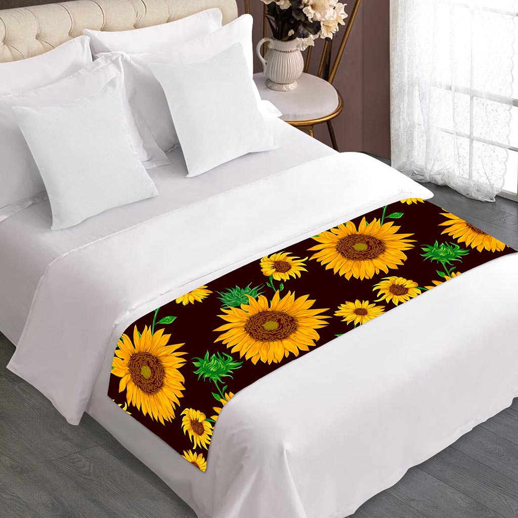 Brown Sunflower Pattern Print Bed Runner