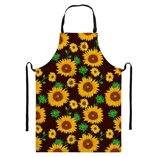 Brown Sunflower Pattern Print Bib Apron With Pocket
