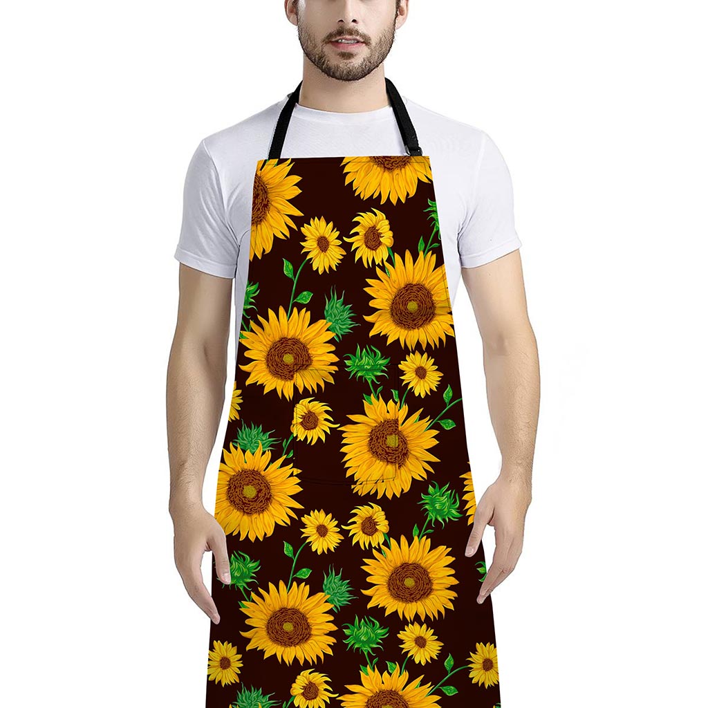 Brown Sunflower Pattern Print Bib Apron With Pocket