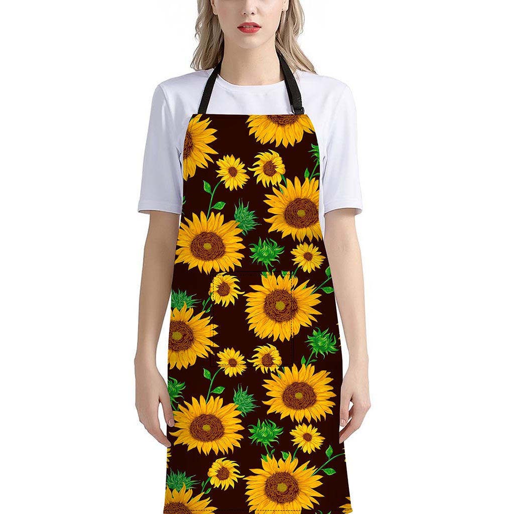 Brown Sunflower Pattern Print Bib Apron With Pocket