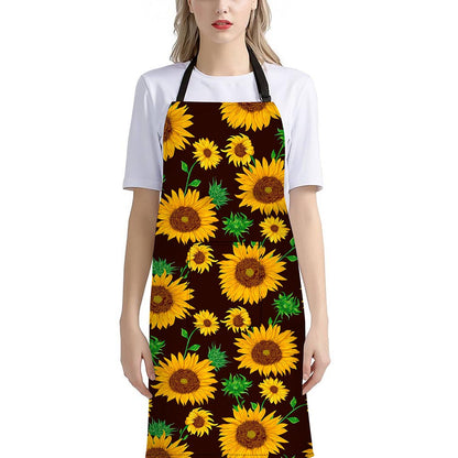 Brown Sunflower Pattern Print Bib Apron With Pocket