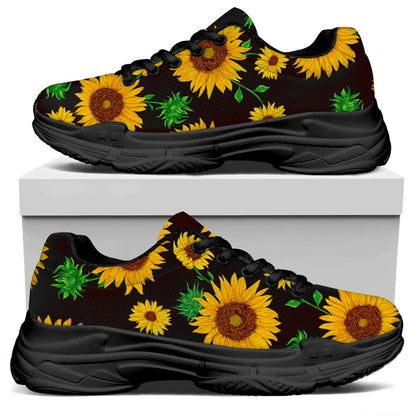 Brown Sunflower Pattern Print Black Chunky Shoes