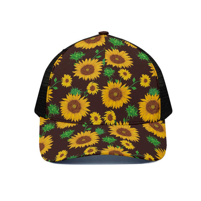 Brown Sunflower Pattern Print Black Mesh Trucker Cap