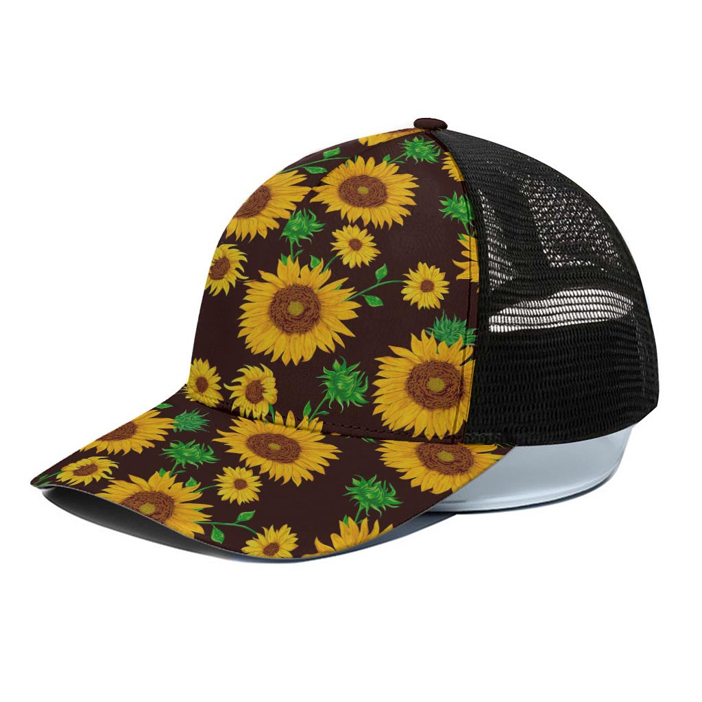 Brown Sunflower Pattern Print Black Mesh Trucker Cap