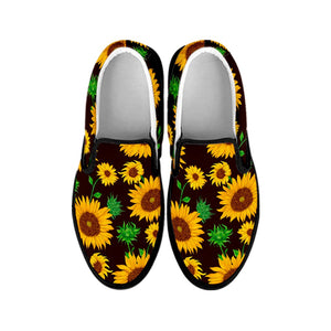 Brown Sunflower Pattern Print Black Slip On Sneakers