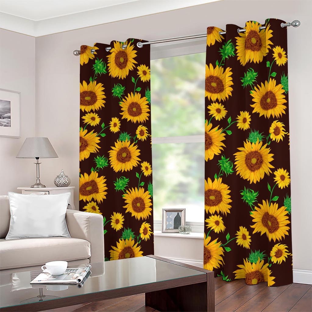 Brown Sunflower Pattern Print Blackout Grommet Curtains
