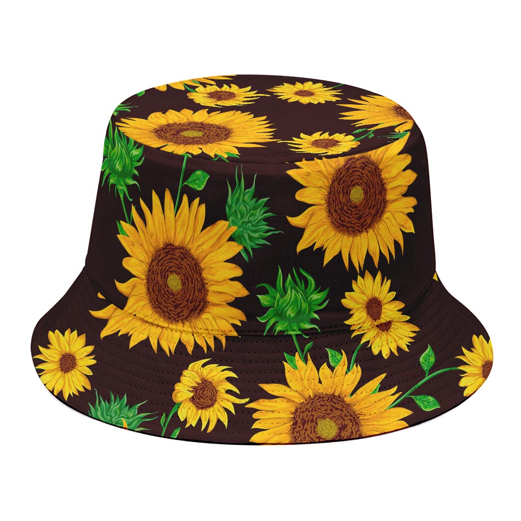 Brown Sunflower Pattern Print Bucket Hat