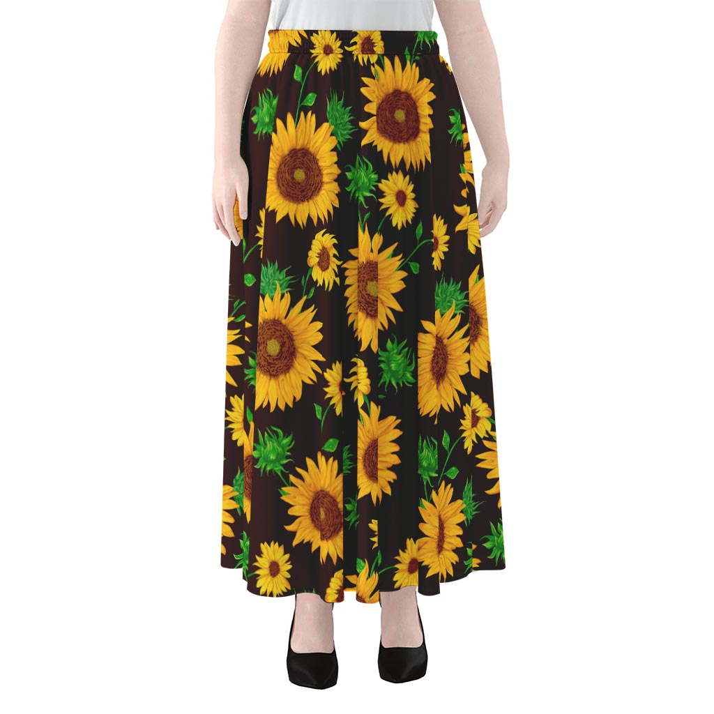 Brown Sunflower Pattern Print Chiffon Maxi Skirt