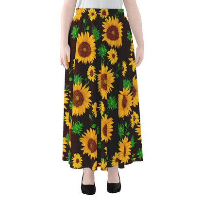 Brown Sunflower Pattern Print Chiffon Maxi Skirt