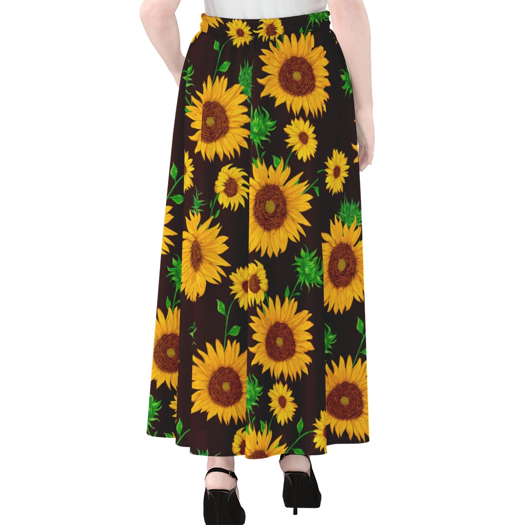 Brown Sunflower Pattern Print Chiffon Maxi Skirt