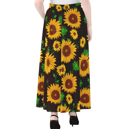 Brown Sunflower Pattern Print Chiffon Maxi Skirt