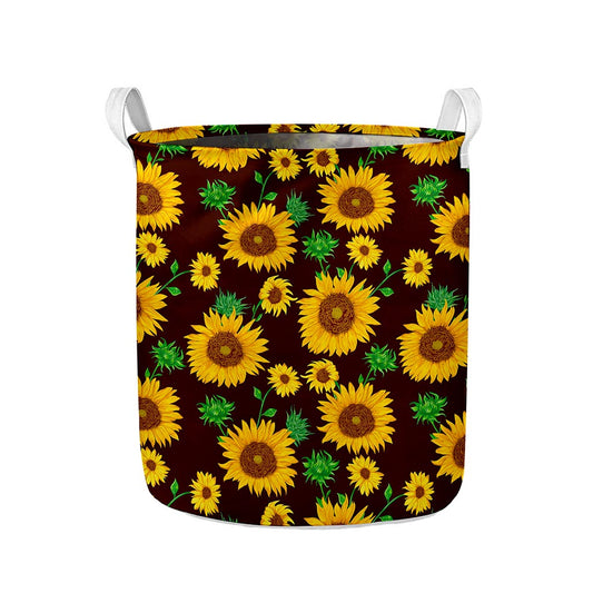 Brown Sunflower Pattern Print Collapsible Laundry Basket