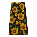 Brown Sunflower Pattern Print Cotton Front Slit Maxi Skirt