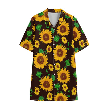 Brown Sunflower Pattern Print Cotton Hawaiian Shirt