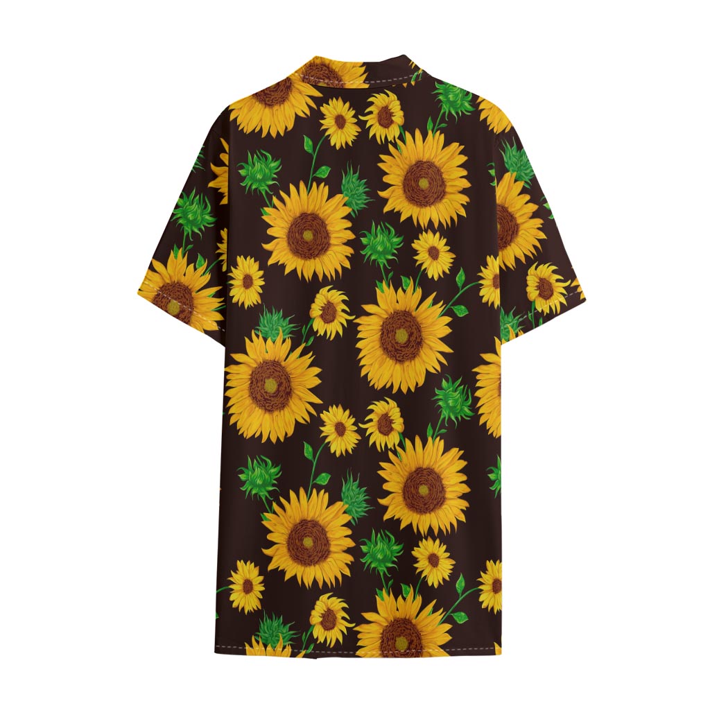 Brown Sunflower Pattern Print Cotton Hawaiian Shirt