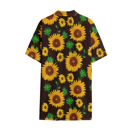 Brown Sunflower Pattern Print Cotton Hawaiian Shirt