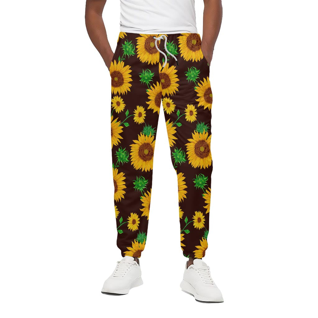 Brown Sunflower Pattern Print Cotton Pants