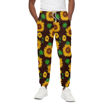 Brown Sunflower Pattern Print Cotton Pants