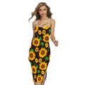 Brown Sunflower Pattern Print Cross Back Cami Dress
