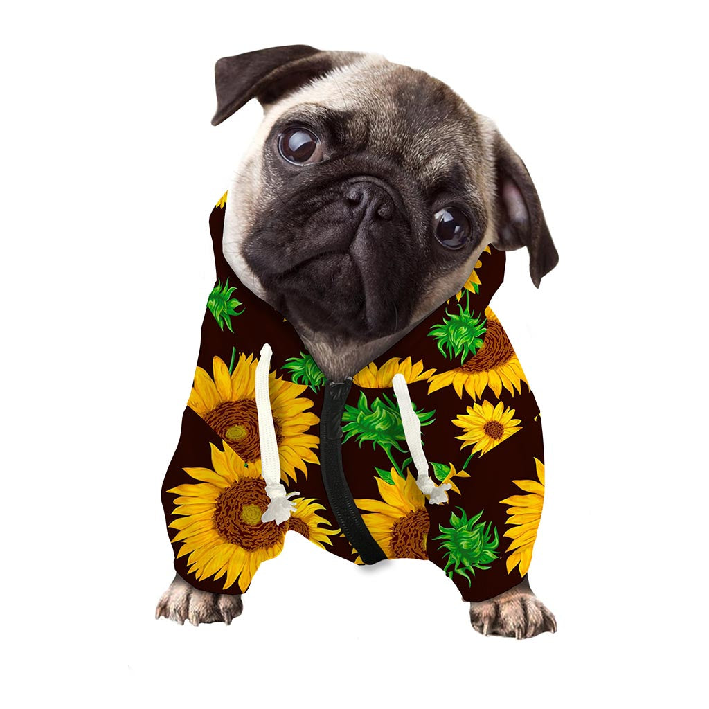 Brown Sunflower Pattern Print Dog Zip Up Hoodie