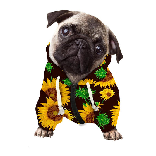 Brown Sunflower Pattern Print Dog Zip Up Hoodie
