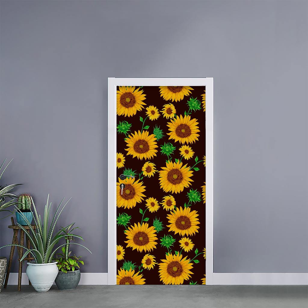 Brown Sunflower Pattern Print Door Sticker