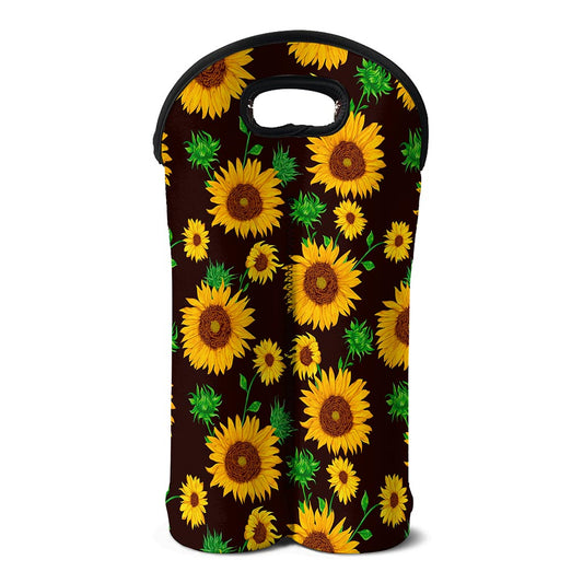 Brown Sunflower Pattern Print Double Neoprene Wine Tote
