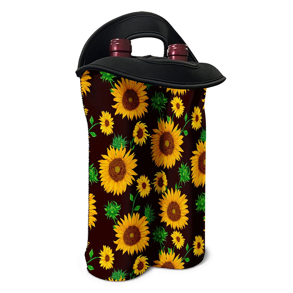 Brown Sunflower Pattern Print Double Neoprene Wine Tote
