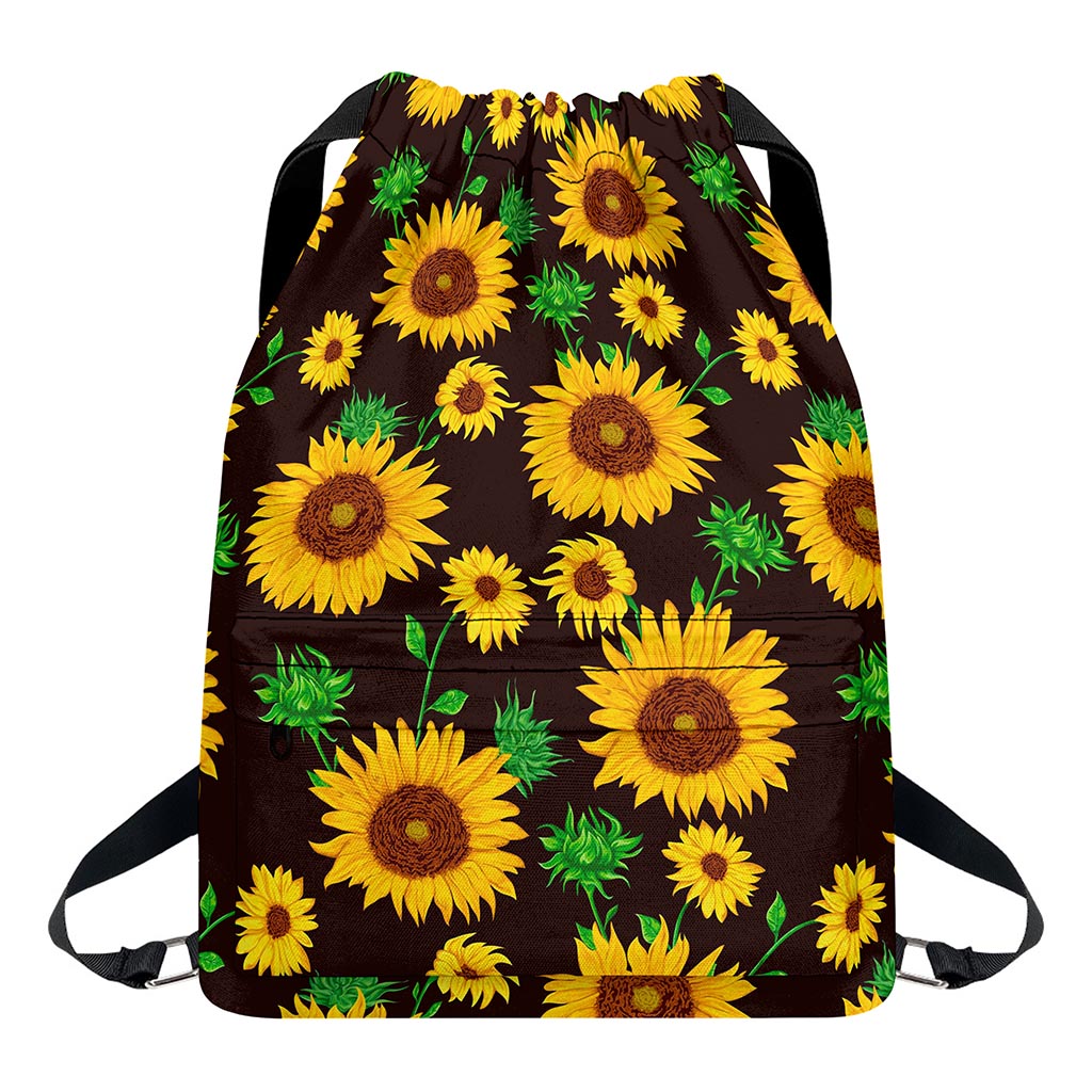 Brown Sunflower Pattern Print Drawstring Backpack
