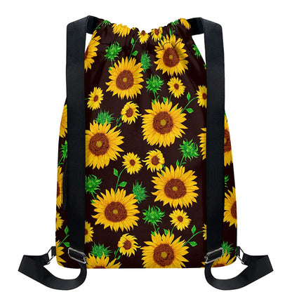 Brown Sunflower Pattern Print Drawstring Backpack