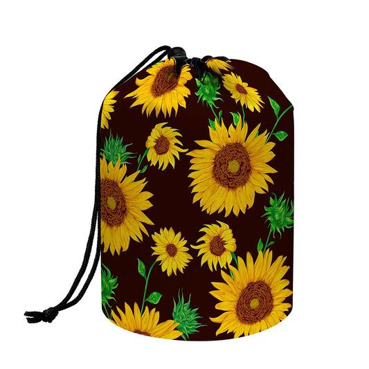 Brown Sunflower Pattern Print Drawstring Makeup Bag