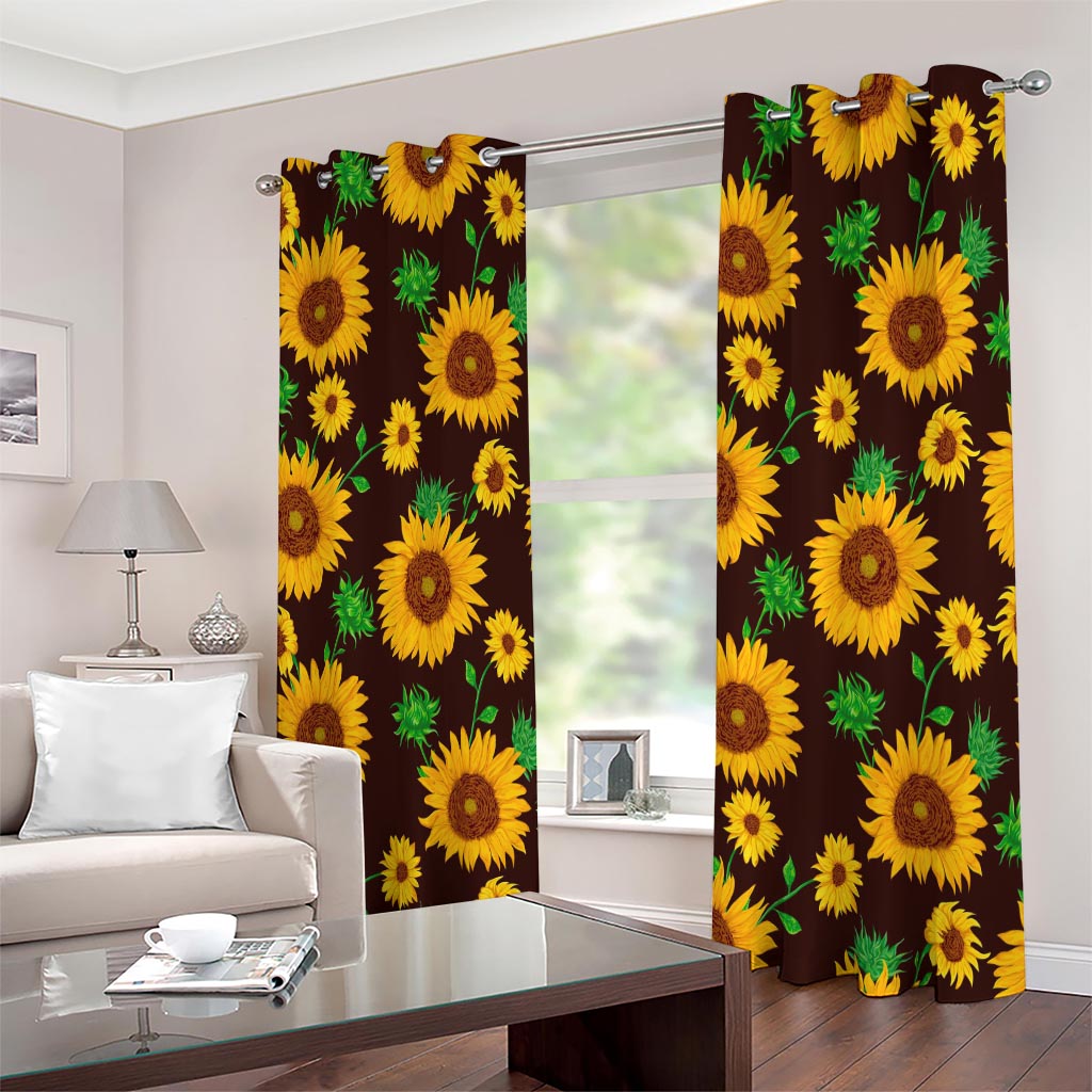 Brown Sunflower Pattern Print Extra Wide Grommet Curtains