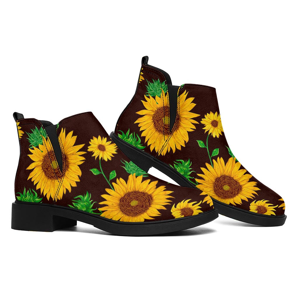 Brown Sunflower Pattern Print Flat Ankle Boots