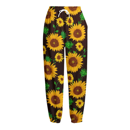 Brown Sunflower Pattern Print Fleece Lined Knit Pants