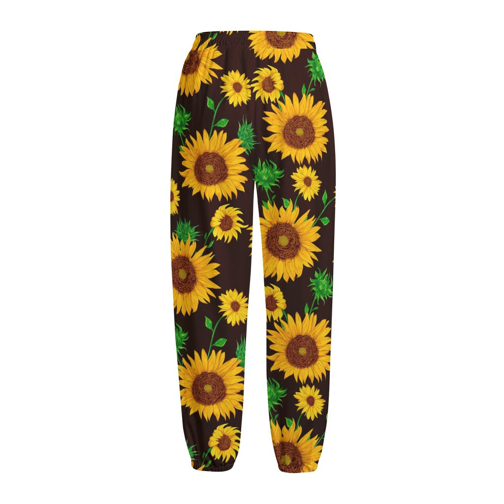 Brown Sunflower Pattern Print Fleece Lined Knit Pants