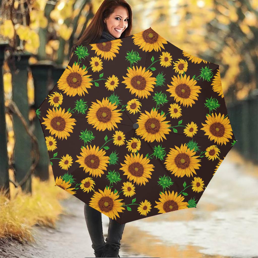 Brown Sunflower Pattern Print Foldable Umbrella