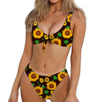 Brown Sunflower Pattern Print Front Bow Tie Bikini